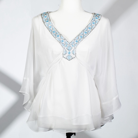 SOLD - White House Black Market Beaded Embellished Trim Kimono Blouse, Small - Picture 1 of 7